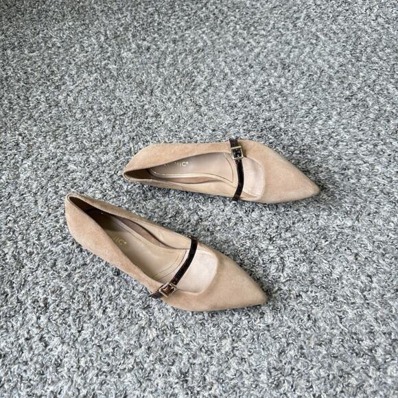 VIONIC MINNIE TORTOISE Suede Pump Low Kitten Heel Strap Buckle Tan Pointed Sz 7 - Picture 1 of 11